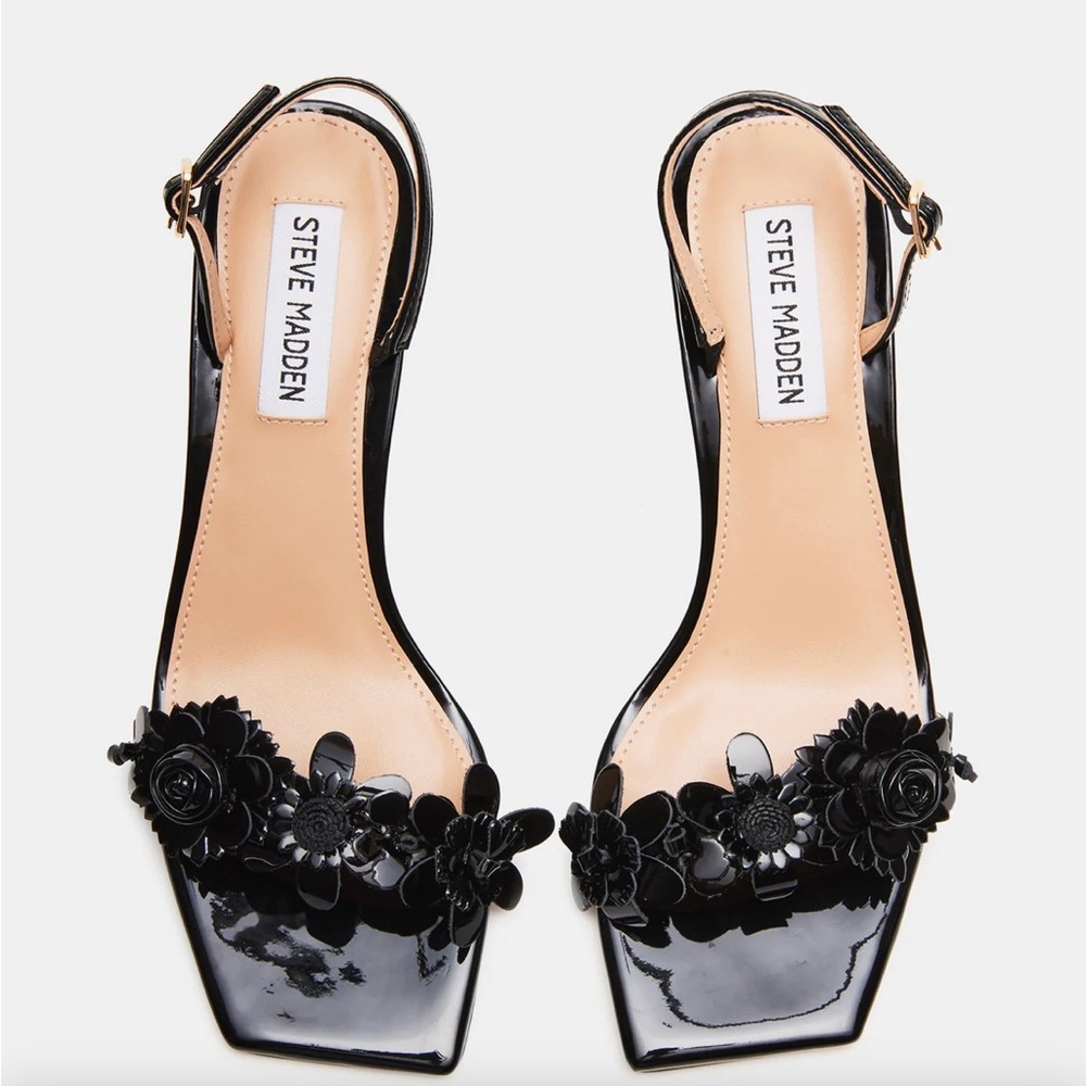 Steve Madden Black Patent Slingback Heeled Sandals with Floral Applique - Picture 2 of 5